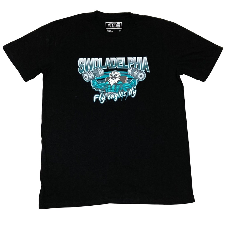 BSL Swoladelphia Fly Eagles Fly Graphic T-Shirt Mens Large Black Cotton Gym Tee